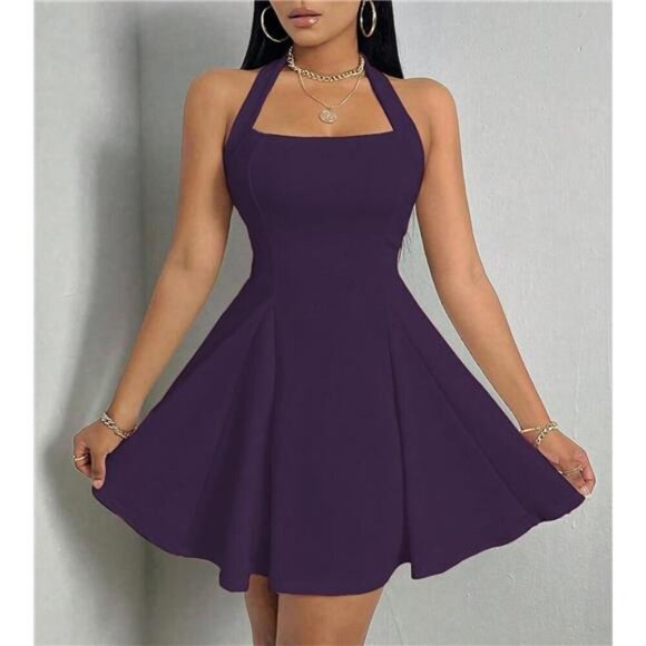 Women's Summer Dress Sleeveless Halter Neck Purple - Picture 2 of 5